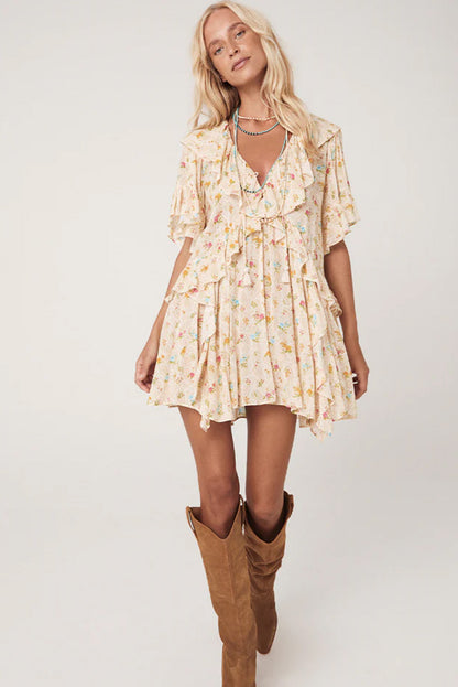 Apricot Boho Floral Tassel Tie V Neck Ruffle Mini Dress