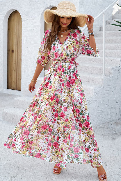 Printed Tied Half Sleeve Slit Dress.