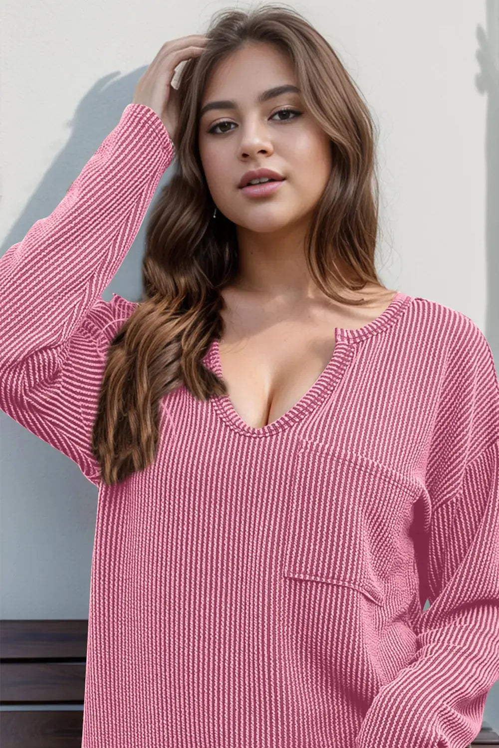 Double Take Striped Notched Long Sleeve T-Shirt - Love Salve