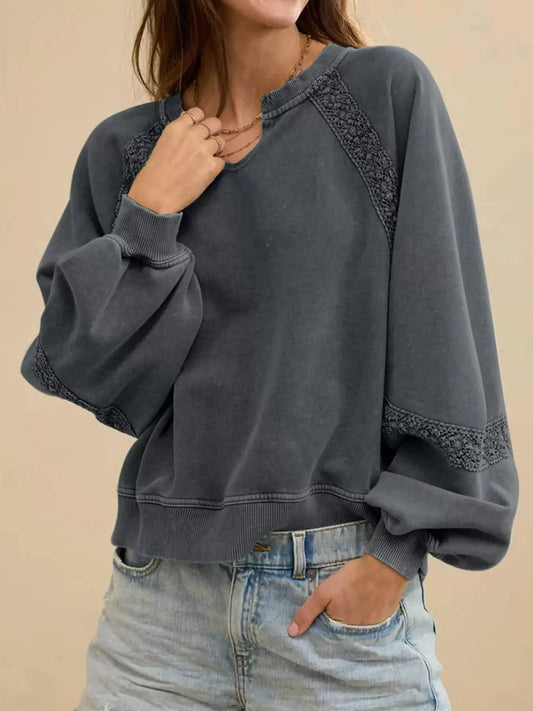 Lace Patchwork Detail Notched Mineral Wash Sweatshirt Simply Love