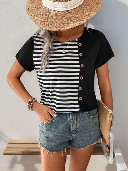 Striped Round Neck Short Sleeve T-Shirt.