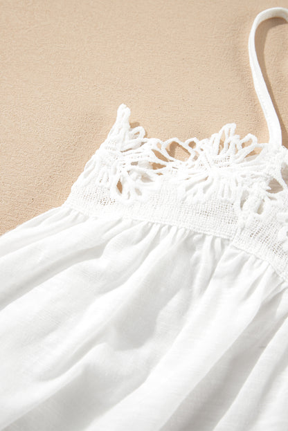 Elegant White Lace Spliced Ruffled Flared Tank Top with Spaghetti Straps