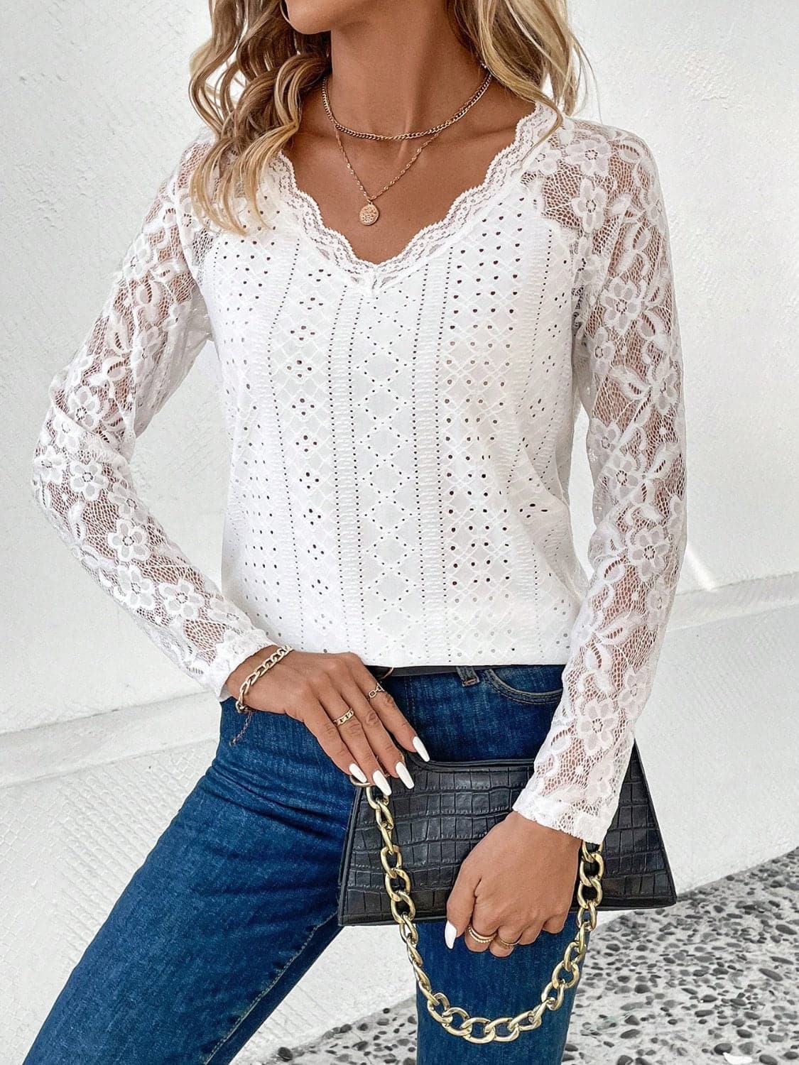 Lace v-neck sheer top - sizes S-2XL