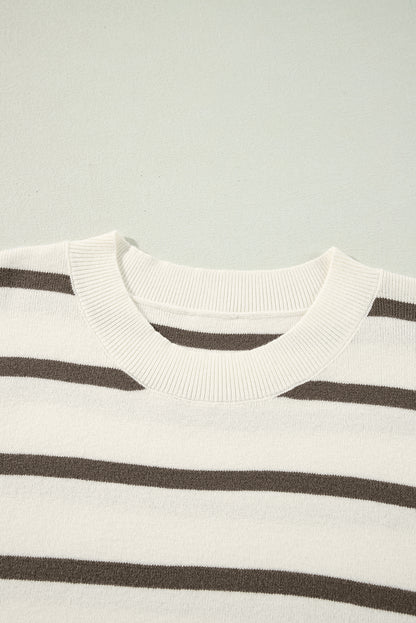 Brown Striped Crewneck Sweater Tee with Side Slits