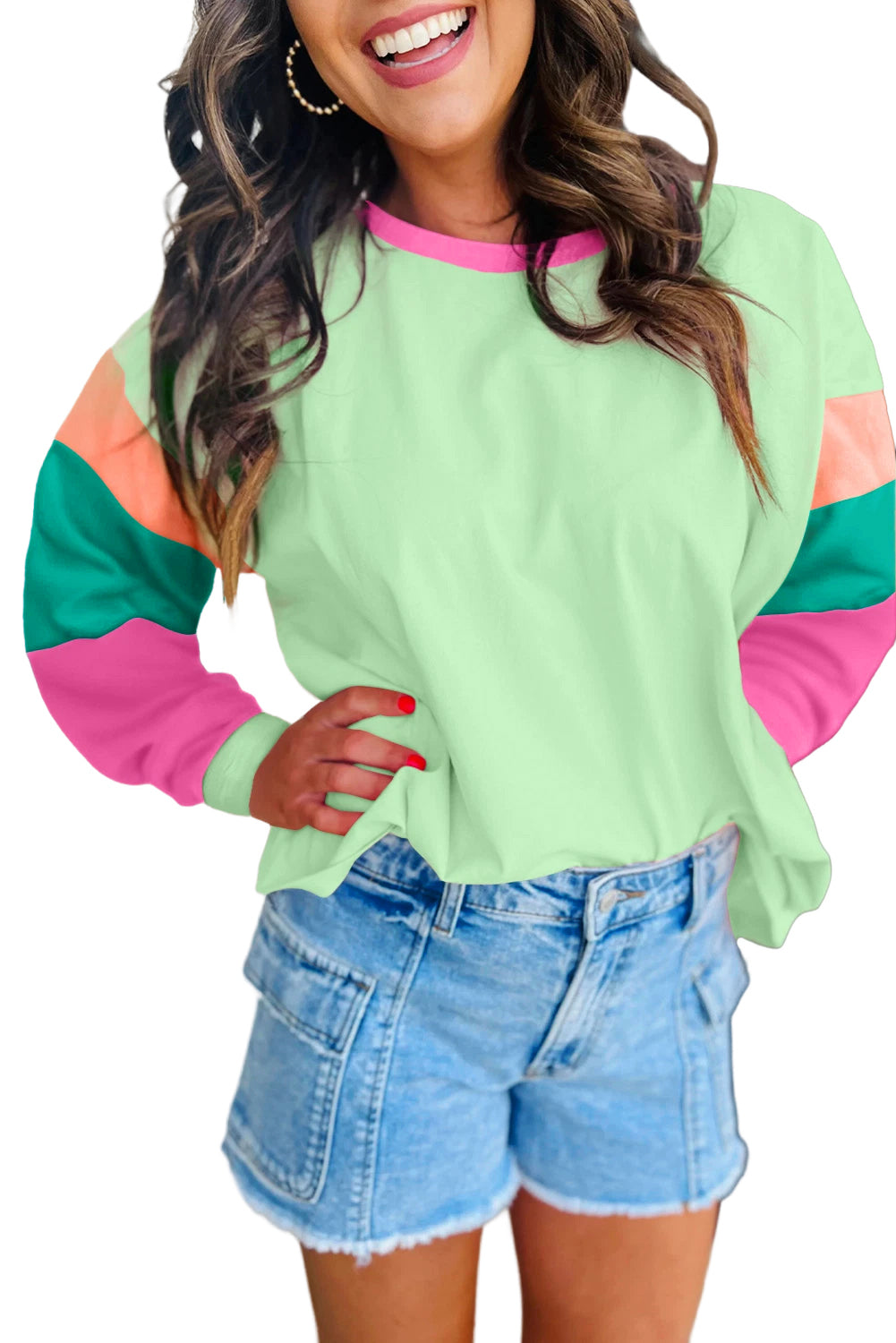 Green colorblock oversized long sleeve top