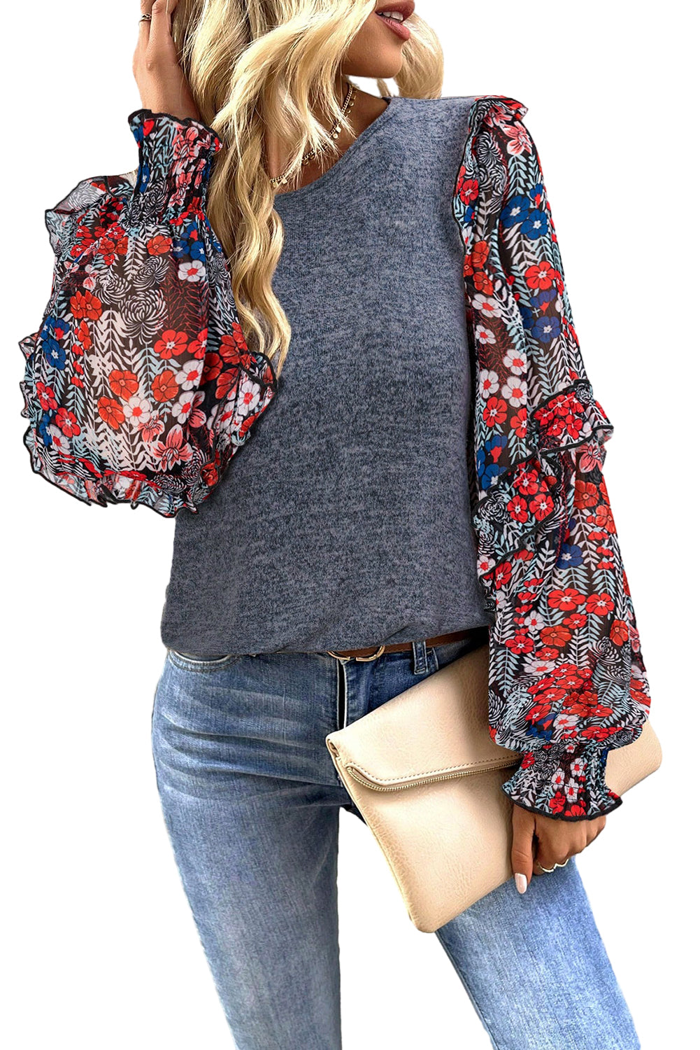 Chic floral ruffle sleeve blouse with tiered design