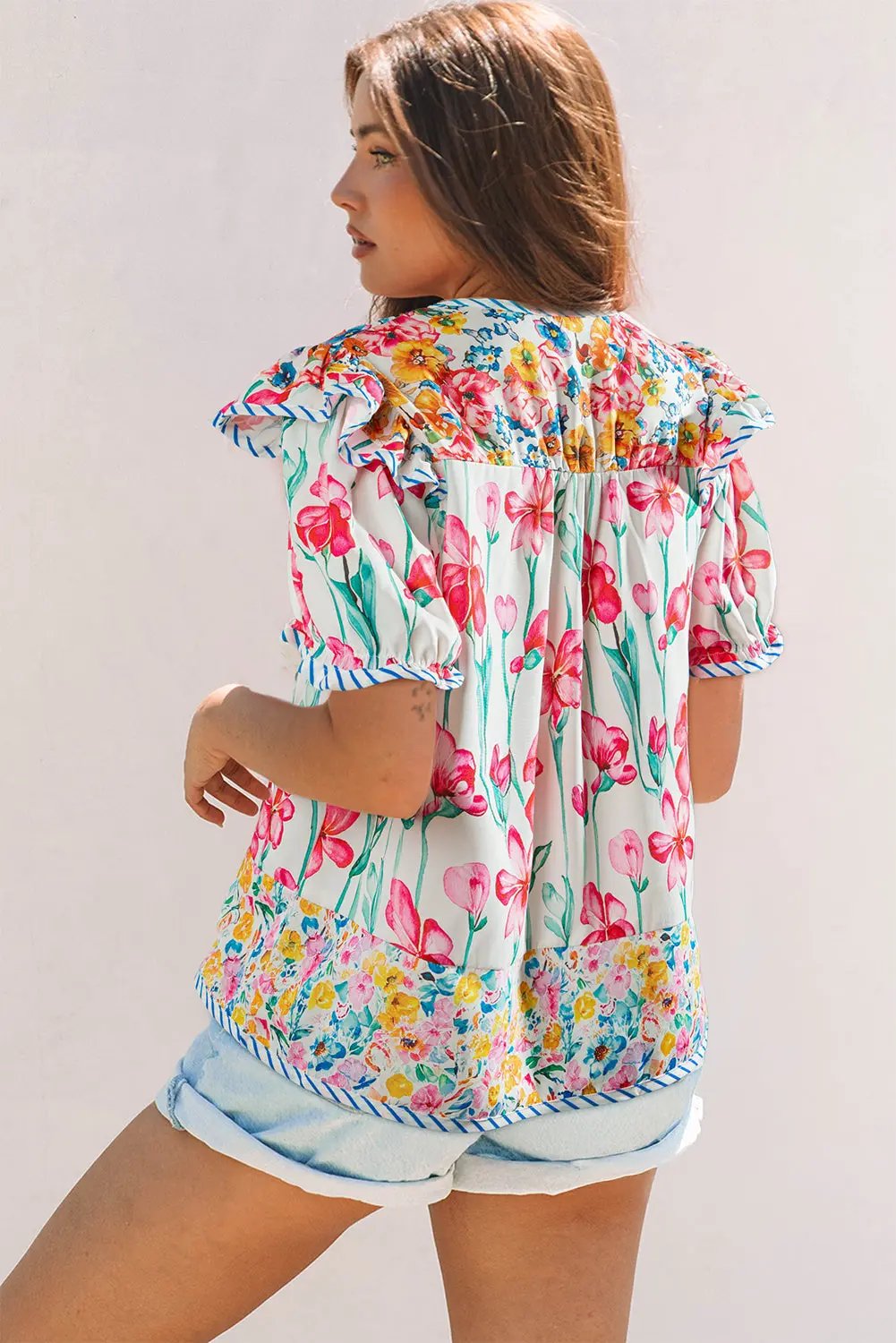 Greta Floral Split Neck Short Sleeve Blouse with Striped Trim - Love Salve 