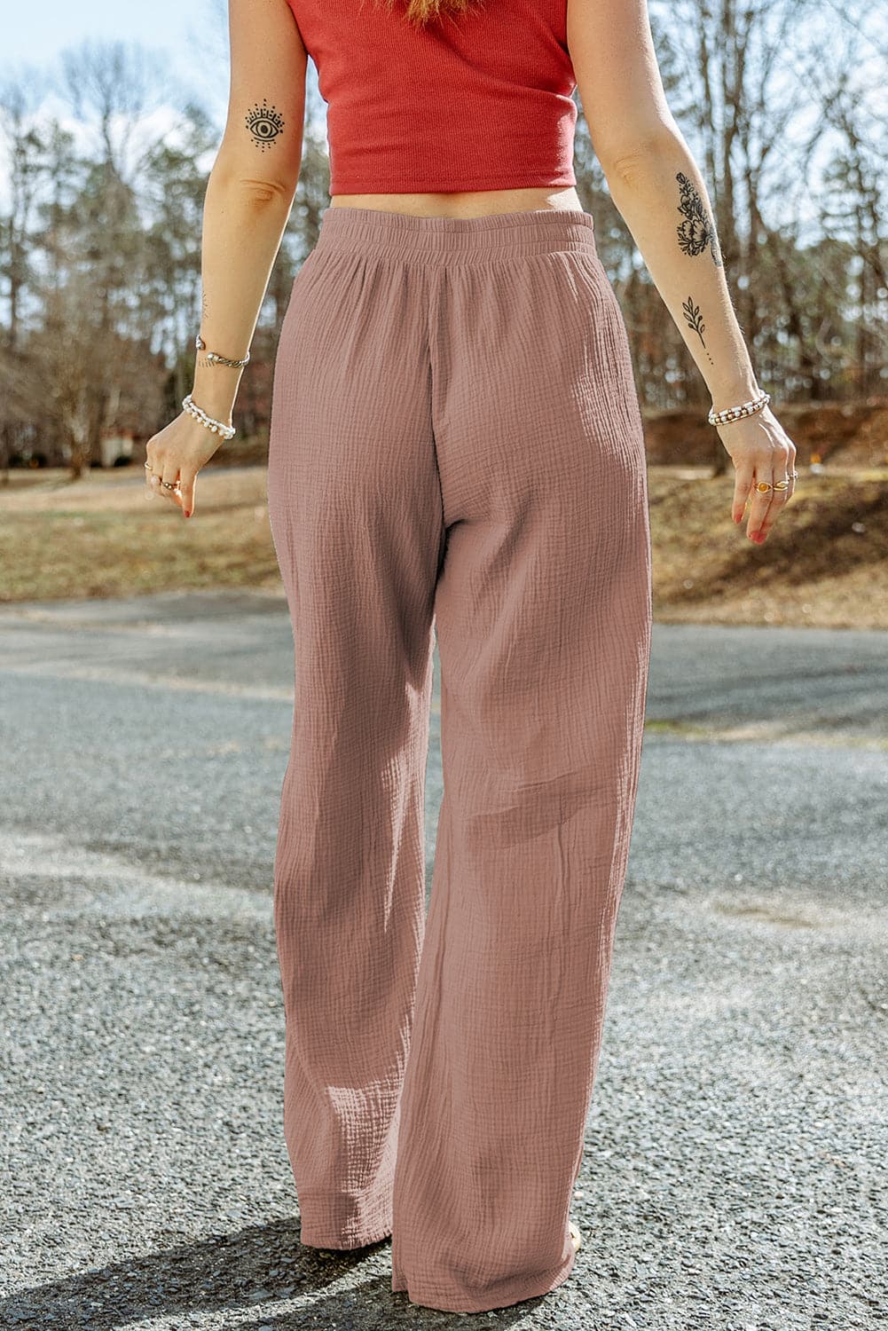 Texture Tied Wide Leg Pants.