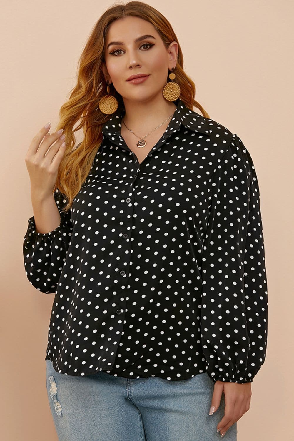 Plus Size Polka Dot Balloon Sleeve Shirt.