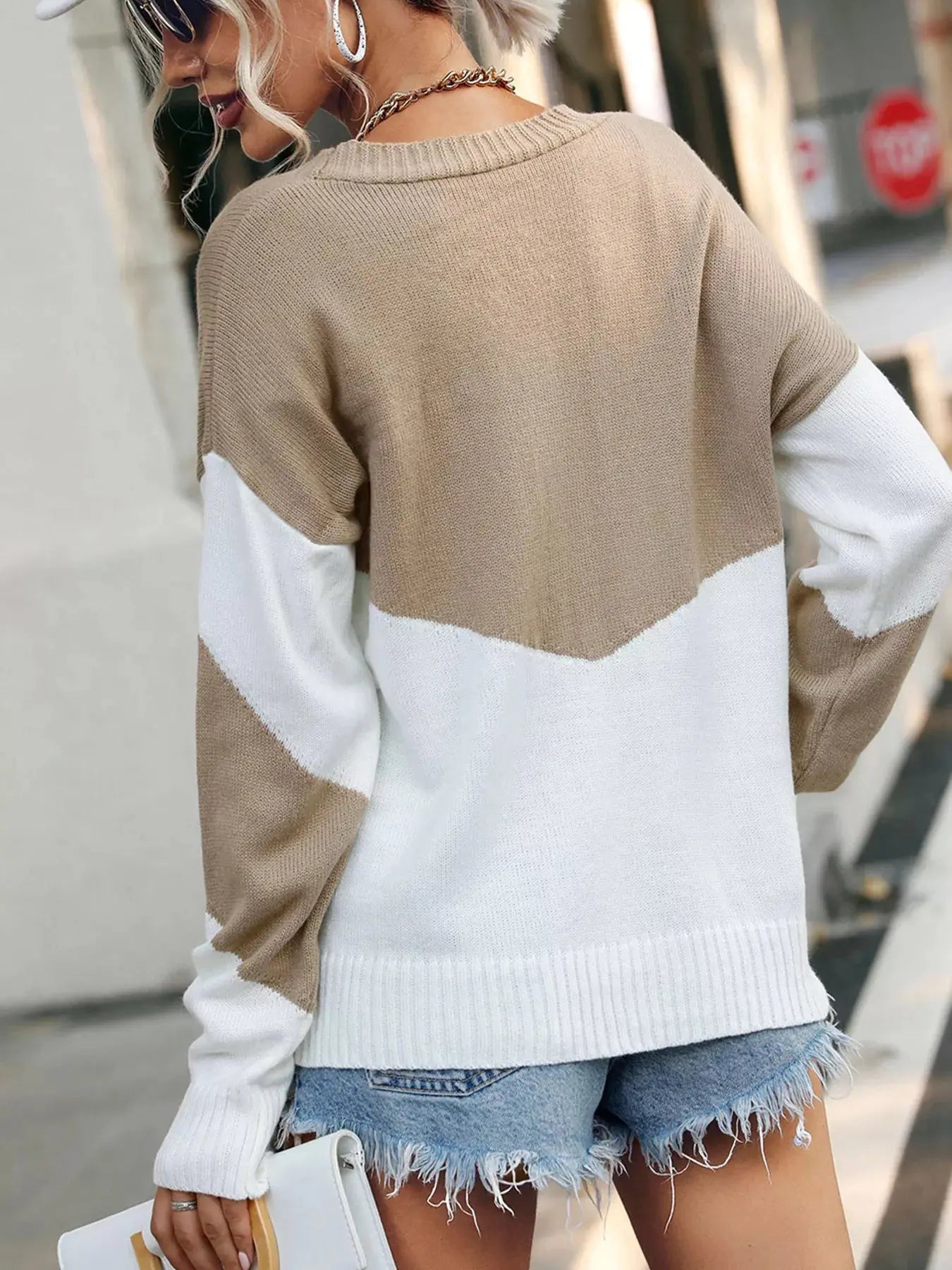 Color Block V Neck Sweater Women Knitted Pullover Polyester Simply Love