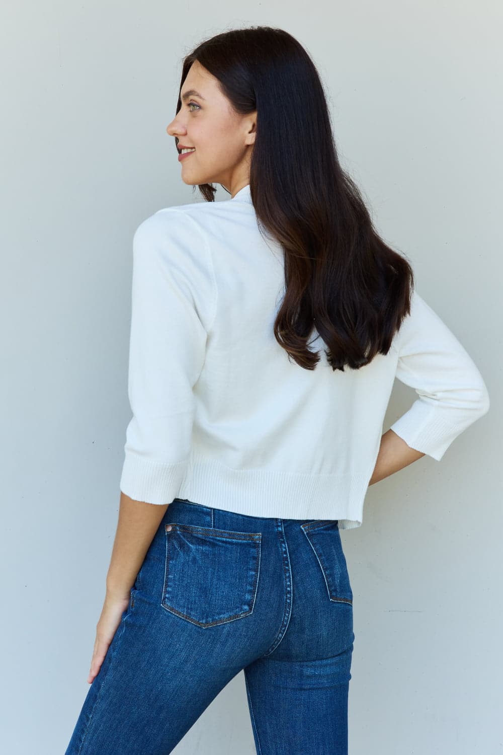 Doublju My Favorite Full Size 3/4 Sleeve Cropped Cardigan in Ivory.