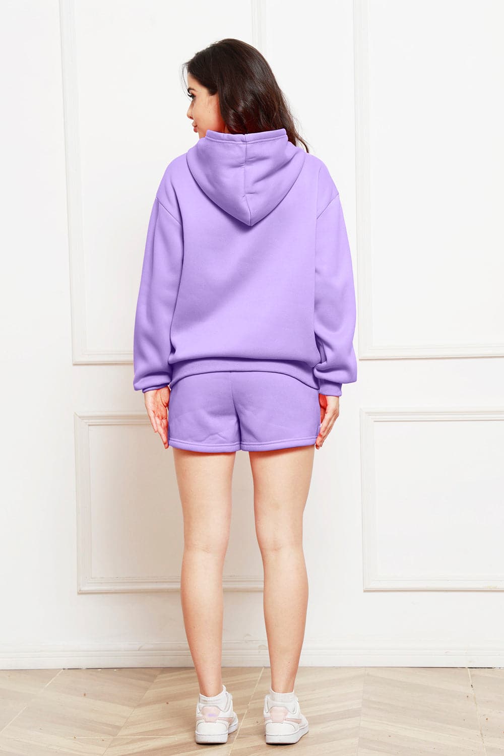 Drop Shoulder Long Sleeve Hoodie and Shorts Set.