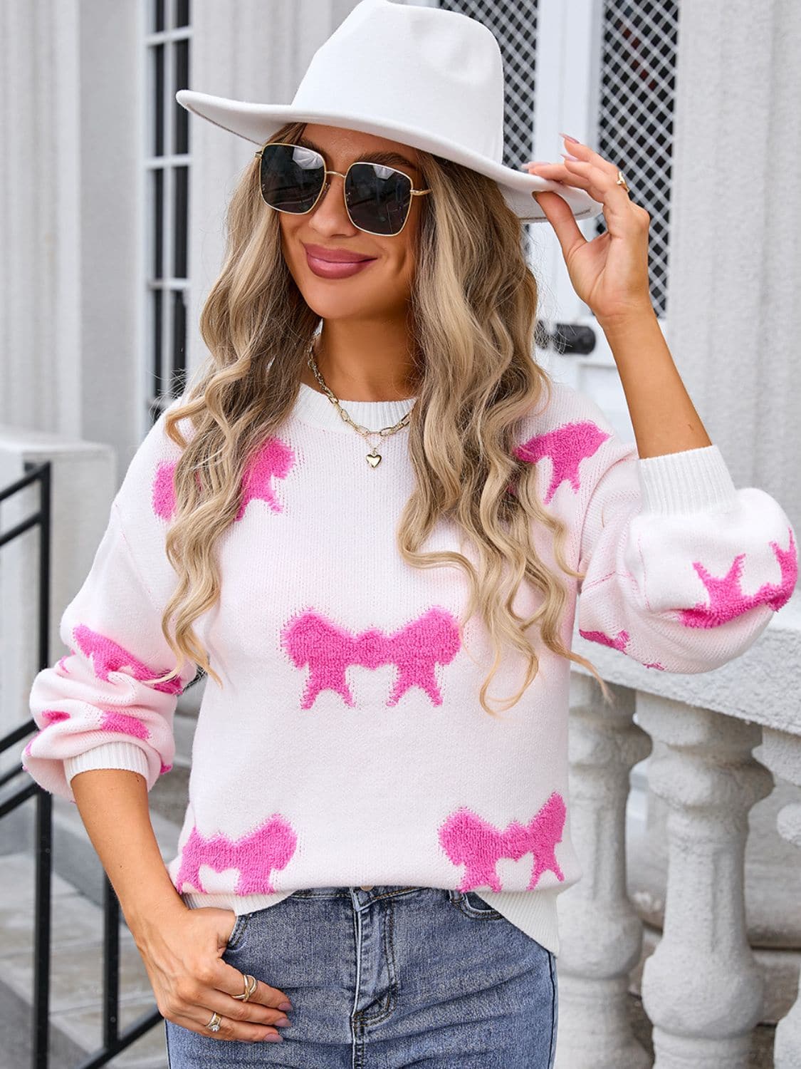 Cozy bow neck dropped shoulder sweater for effortless style