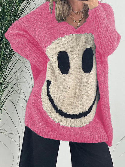 Charming v-neck long sleeve pullover with smiley design