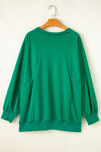 Chic bright green notch neck plus size sweatshirt with exposed seams