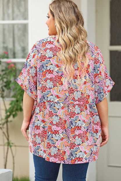 Plus Size Printed Notched Neck Half Sleeve Top.