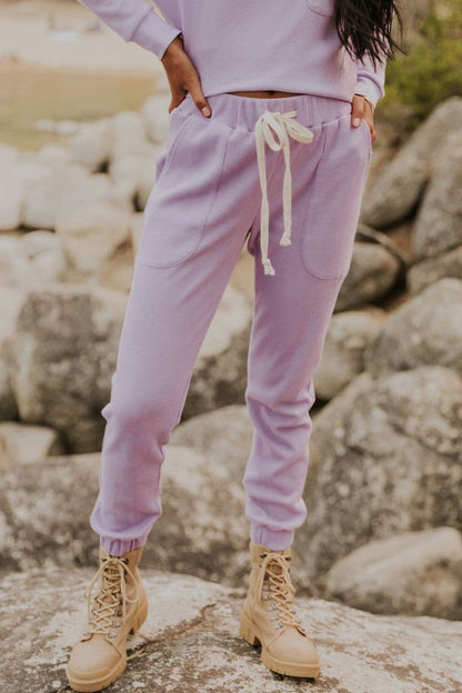 Waffle Knit Long Sleeve Top and Drawstring Pants Set.