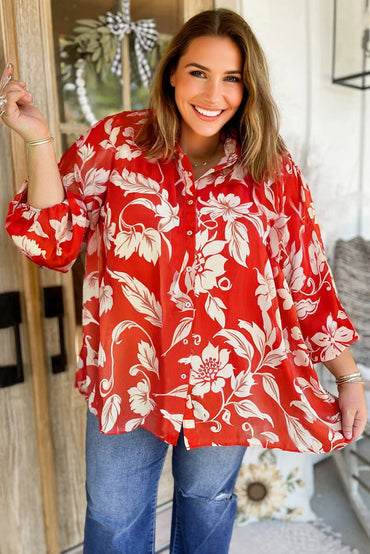 Premium Red Plus Size Floral Print Loose Button Up Shirt For Women