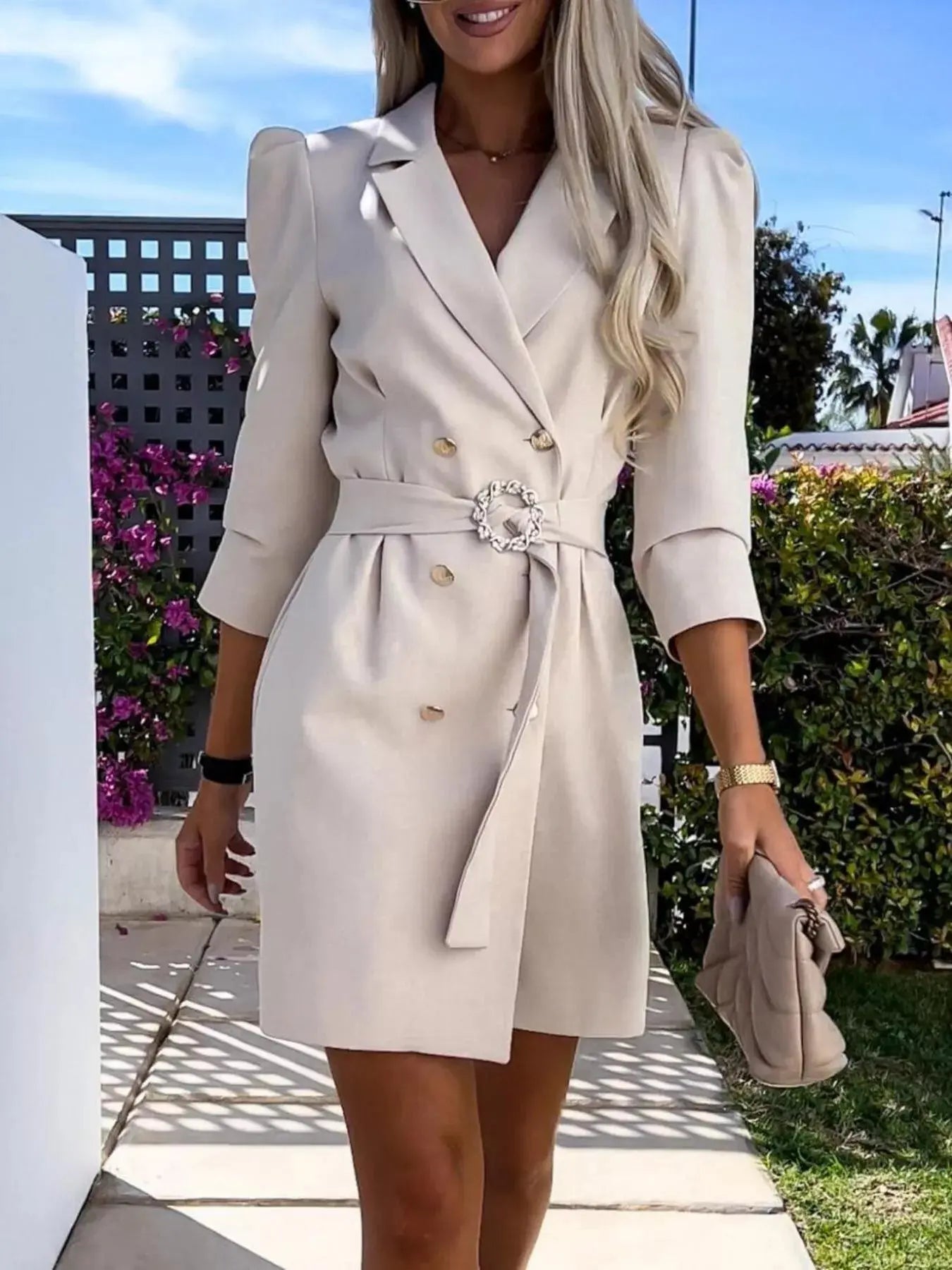 3/4 Sleeve Belted Blazer Dress Simply Love