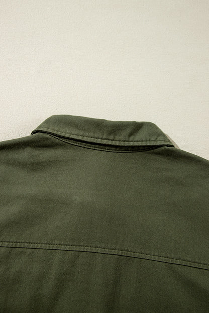 Chic moss green collared jacket with snap button and zipper details