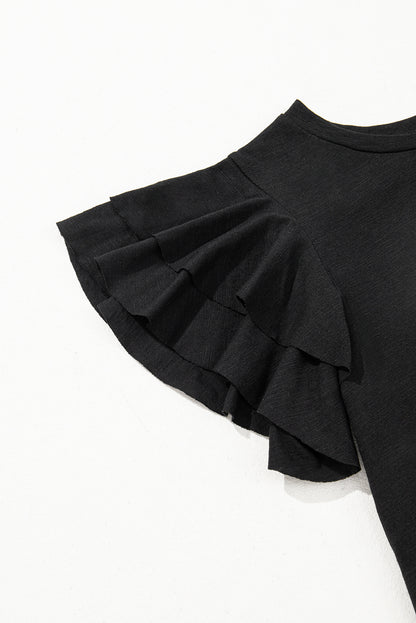 Black Layered Ruffle Short Sleeve Round Neck Top for Women