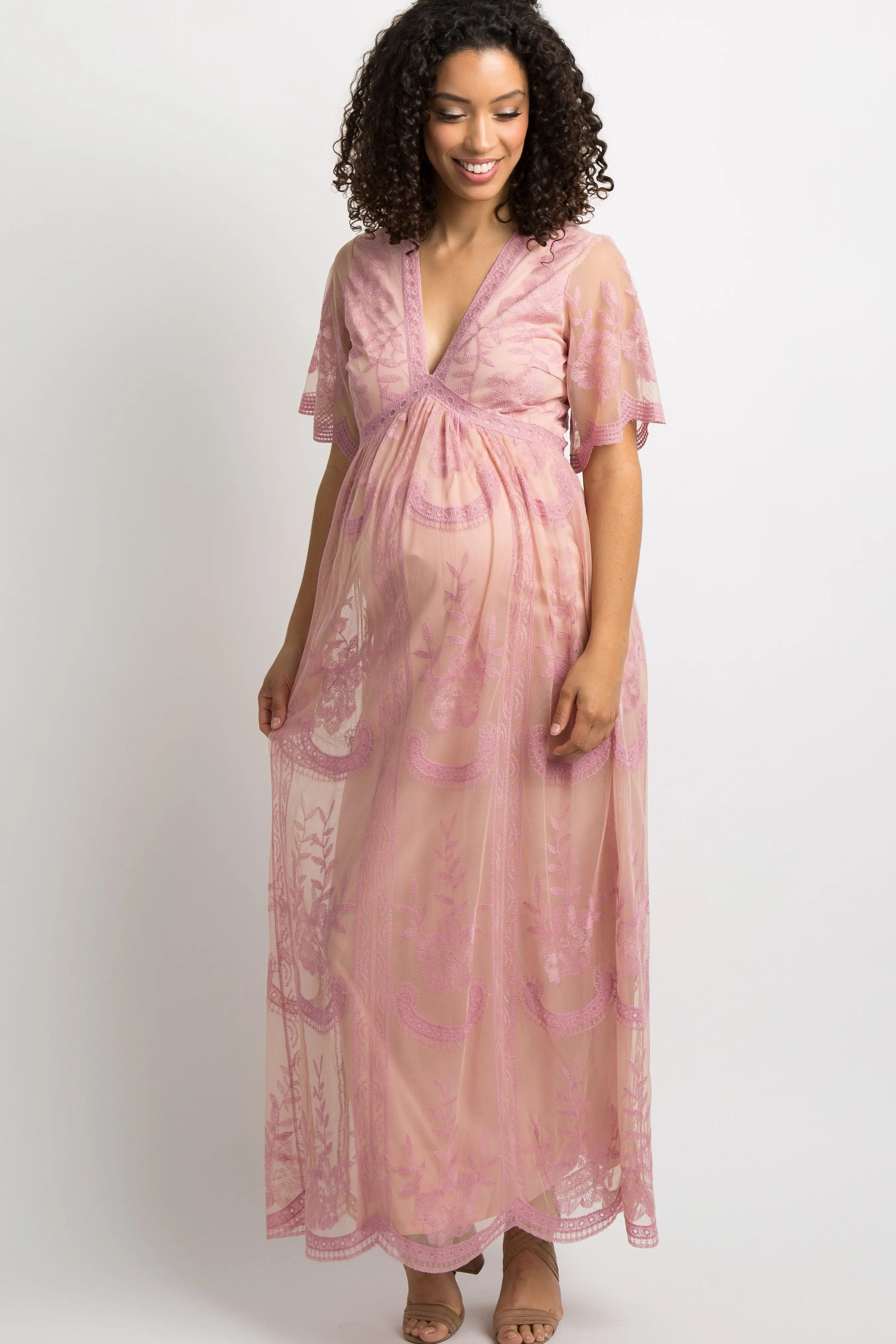 Pink Lace Mesh Overlay Maternity Maxi Dress With V Neck PinkBlush