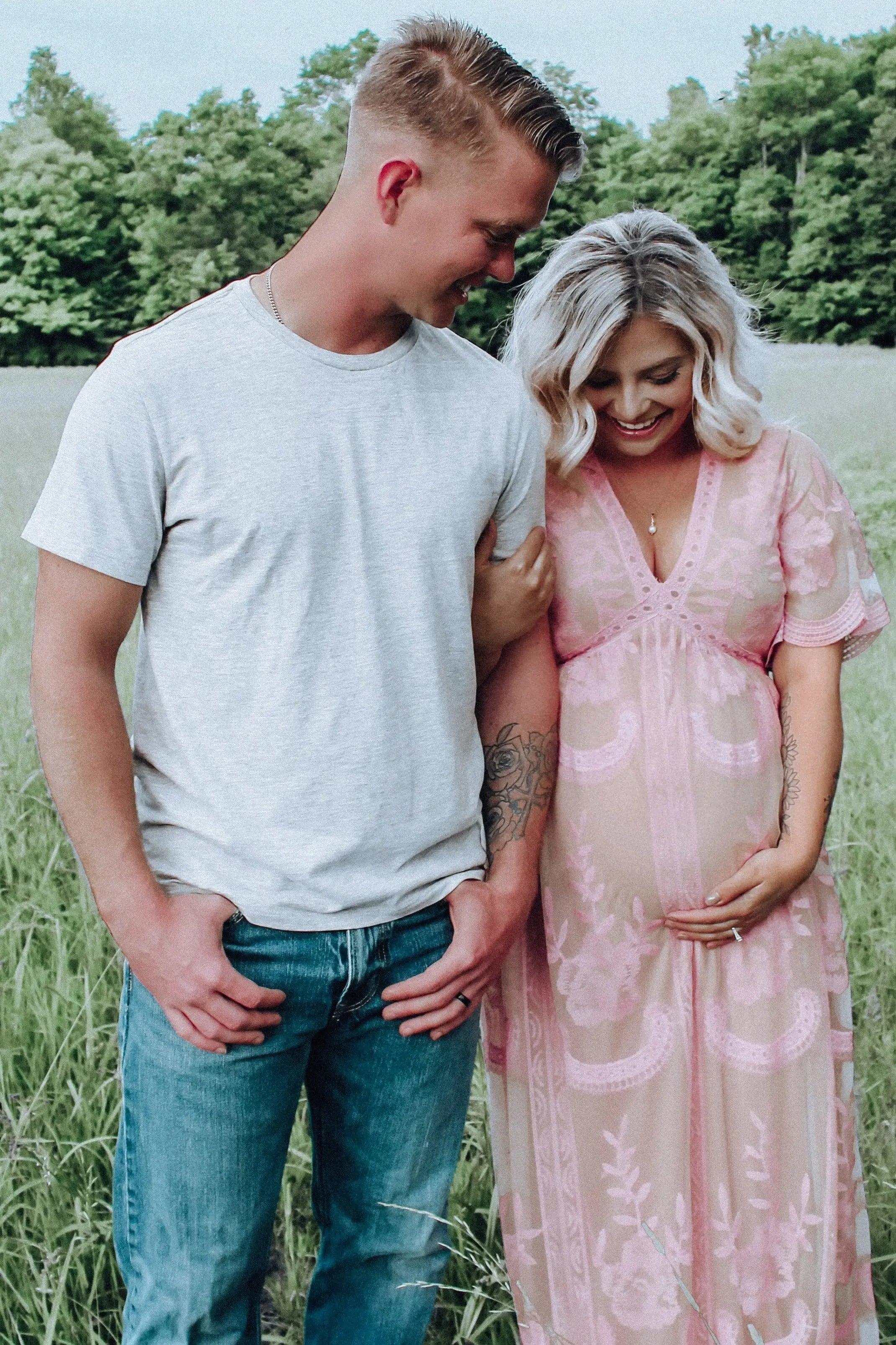 Pink Lace Mesh Overlay Maternity Maxi Dress With V Neck PinkBlush