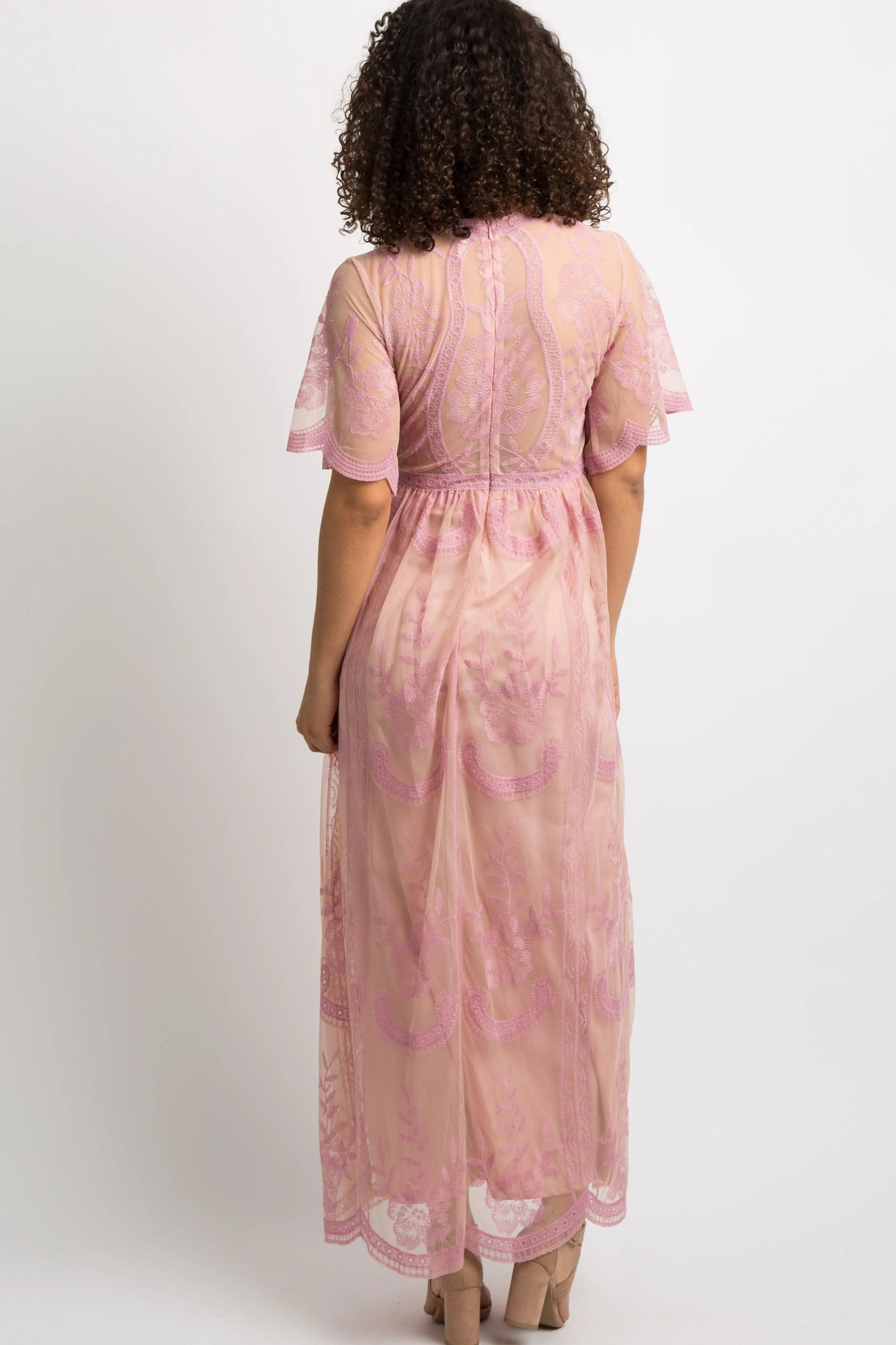 Pink Lace Mesh Overlay Maternity Maxi Dress With V Neck PinkBlush