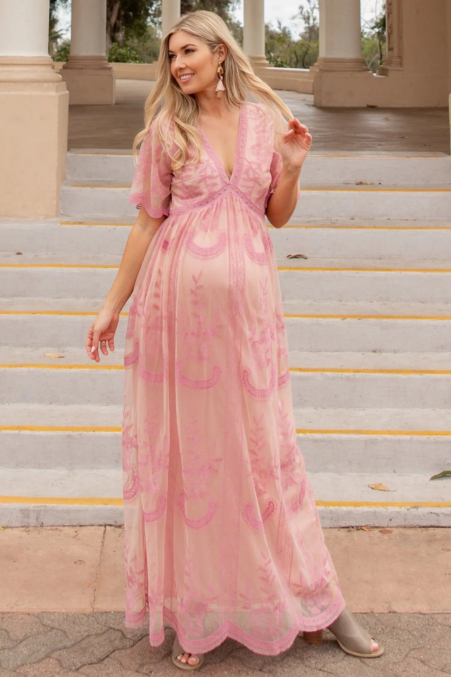 Pink Lace Mesh Overlay Maternity Maxi Dress With V Neck PinkBlush