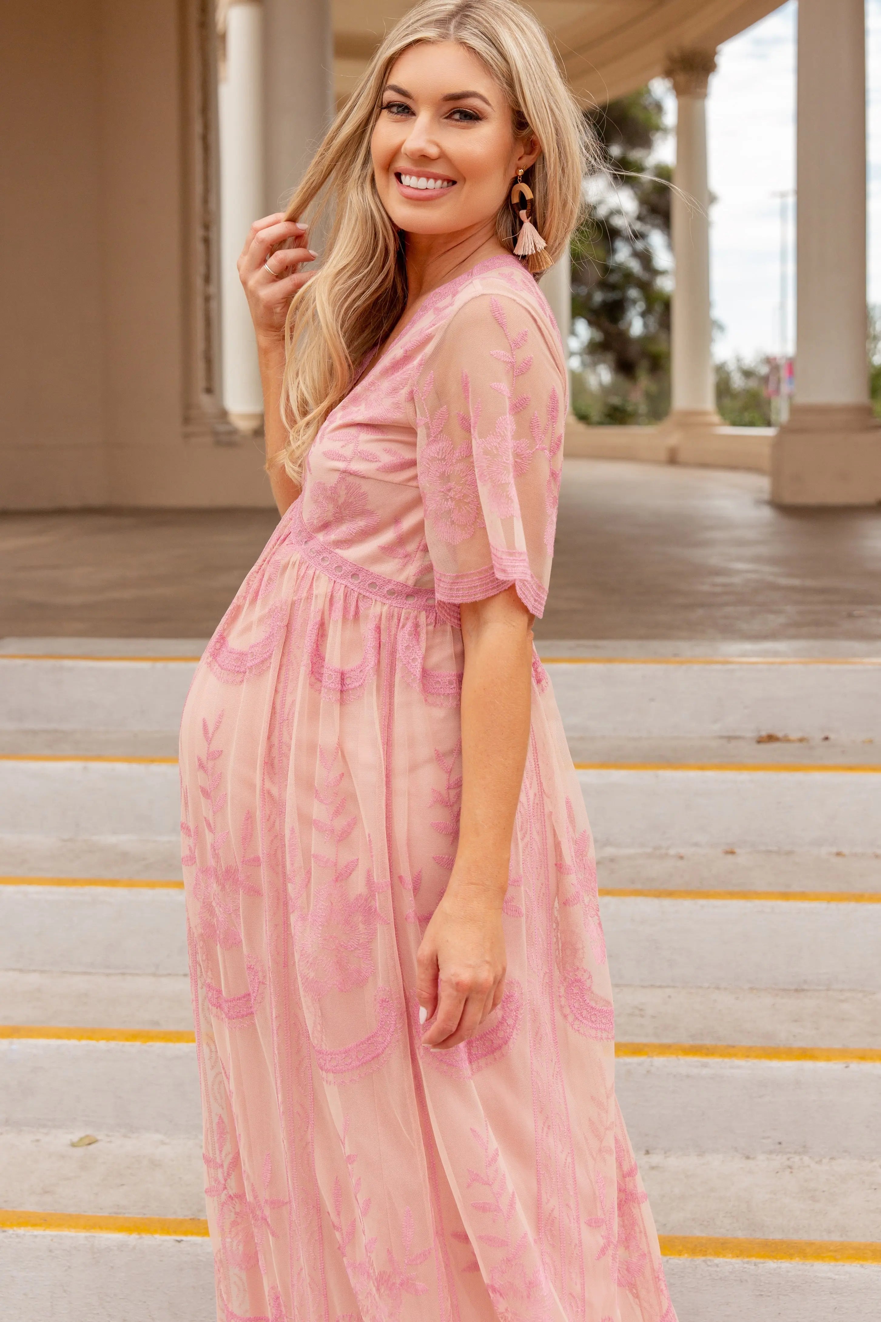 Pink Lace Mesh Overlay Maternity Maxi Dress With V Neck PinkBlush