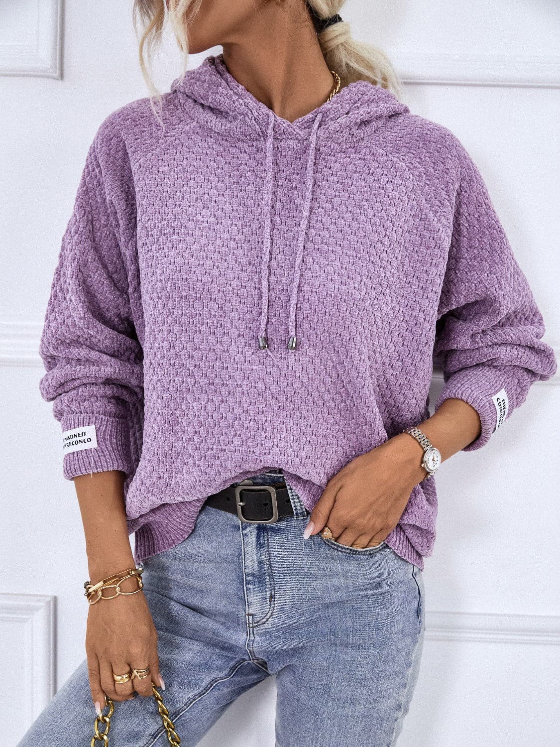 Texture Drawstring Long Sleeve Hooded Sweater.