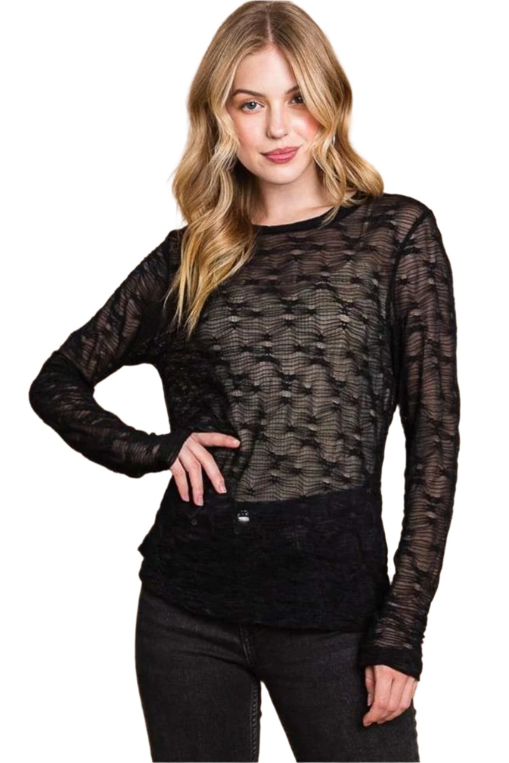 Culture Code Full Size Round Neck Mesh Perspective Top.