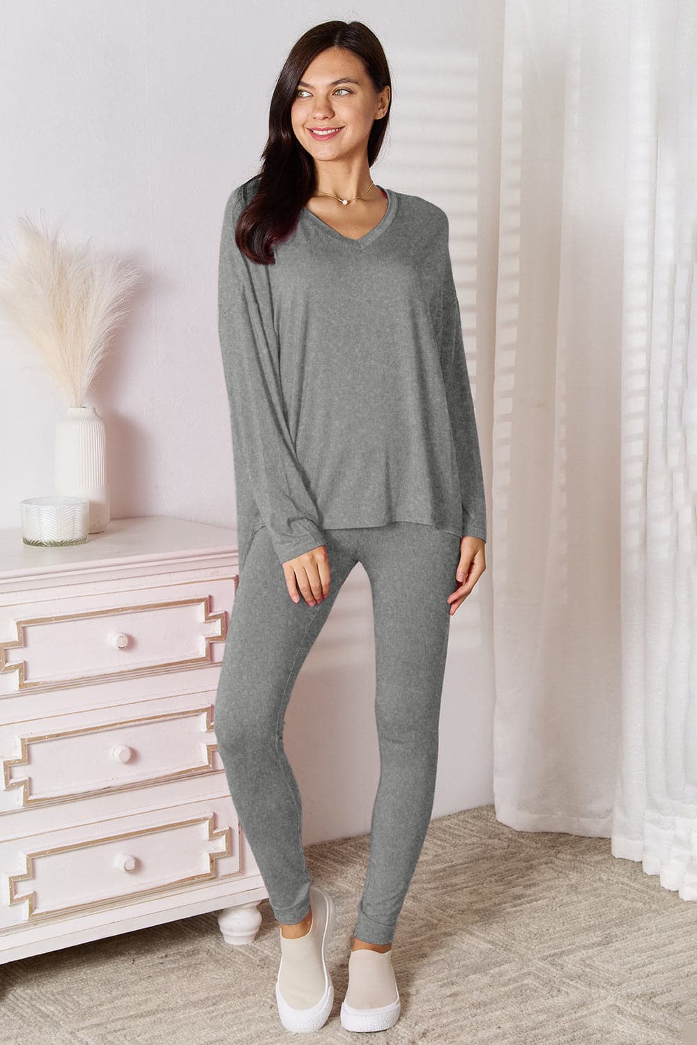 Basic Bae Bamboo Full Size V-Neck Long Sleeve Top and Pants Lounge Set.