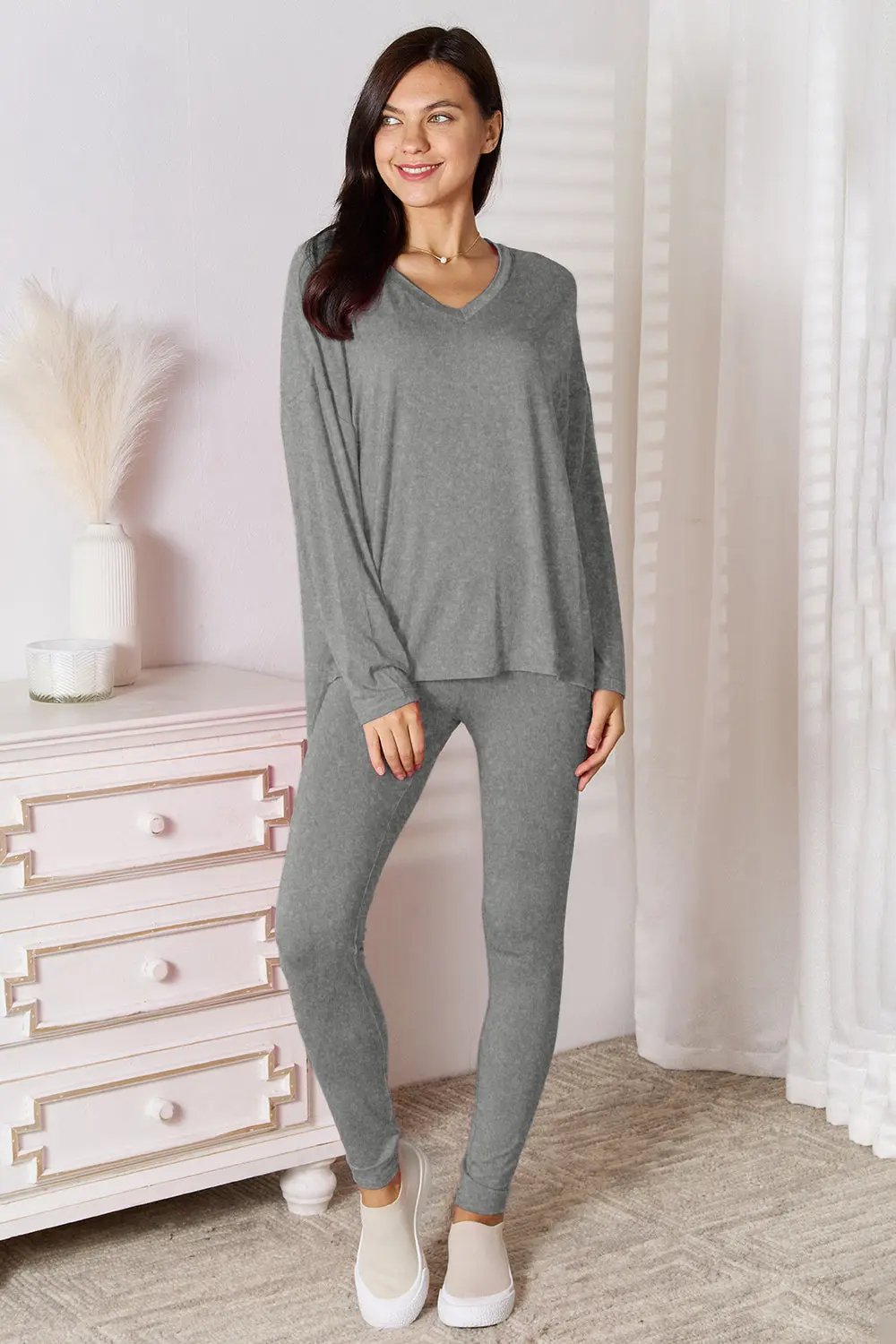 Basic Bae Bamboo Full Size V-Neck Long Sleeve Top and Pants Lounge Set - Love Salve