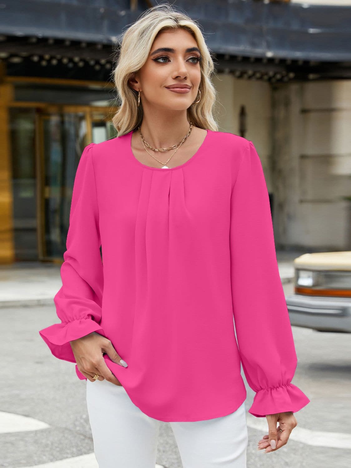 Round Neck Flounce Sleeve Top.