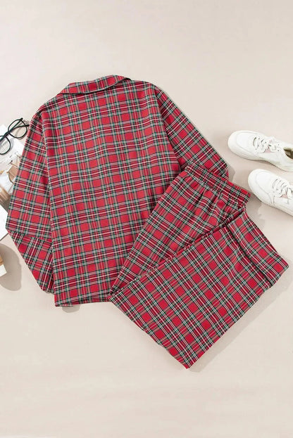 Stylish Plus Size Plaid Lounge Set with Collared Top and Pants