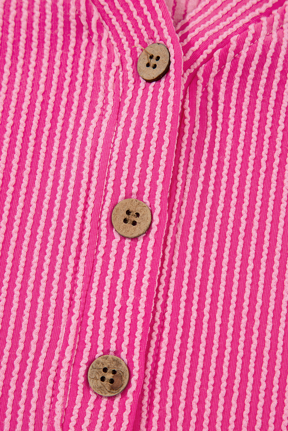 Bright Pink Spiral Ribbed Short Sleeve V Neck Buttoned Romper with Pocket Love Salve