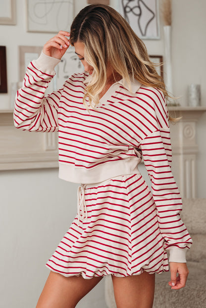 Red Stripe Cropped Collared Pullover and Bubble Mini Skirt