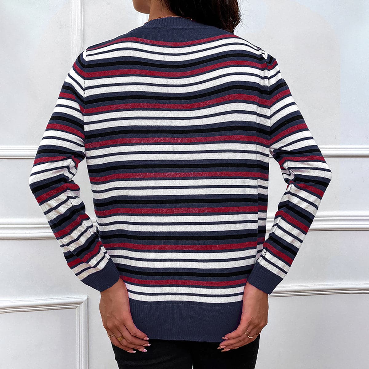 Striped Round Neck Long Sleeve Sweater.