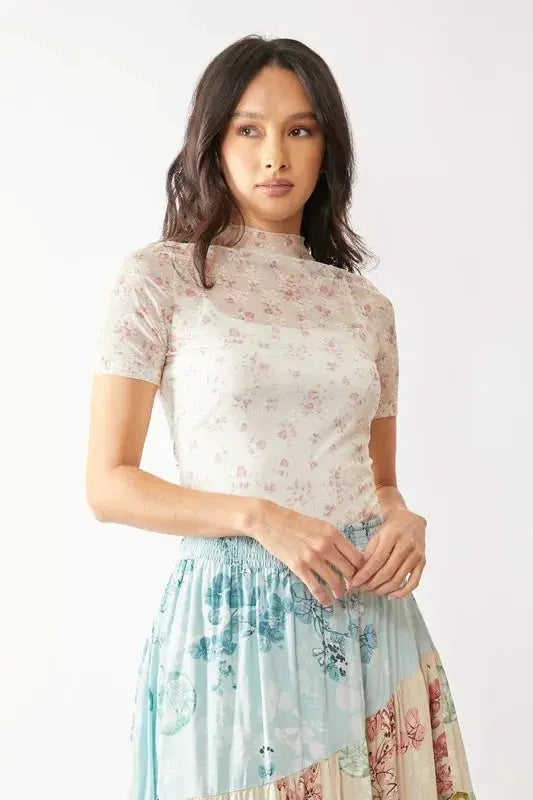 Davi & Dani Floral Mesh Mock Neck Short Sleeve Top - Love Salve 