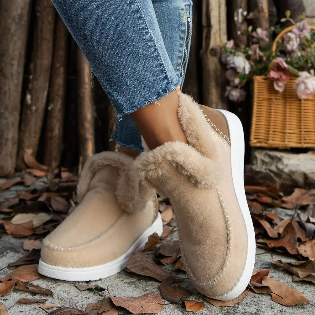 Cozy Fur Trimmed Slip Ons Suede And Rubber Flats Warm Winter Shoes Simply Love