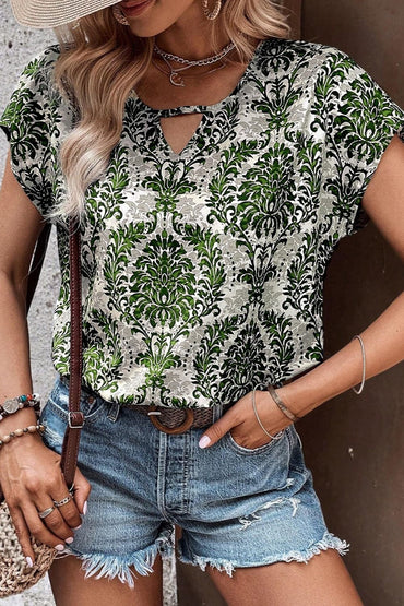 Cutout Printed Short Sleeve Blouse.