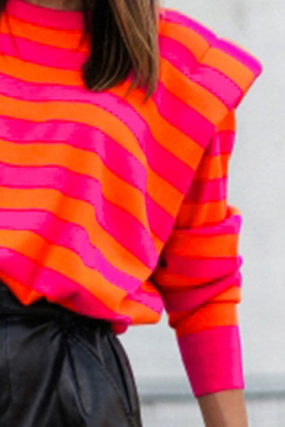 Striped Round Neck Long Sleeve Knit Top.