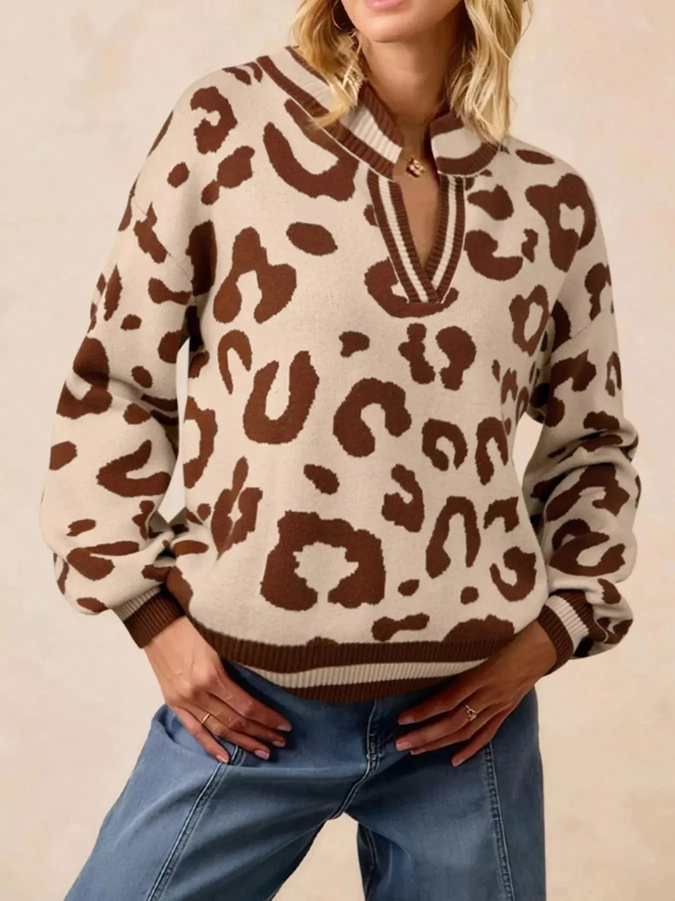 Leopard Print Knit Sweater Notched V Neck Casual Cozy Top Simply Love