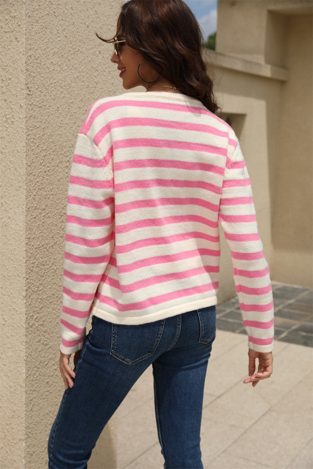 Striped Round Neck Button-Down Dropped Shoulder Cardigan.