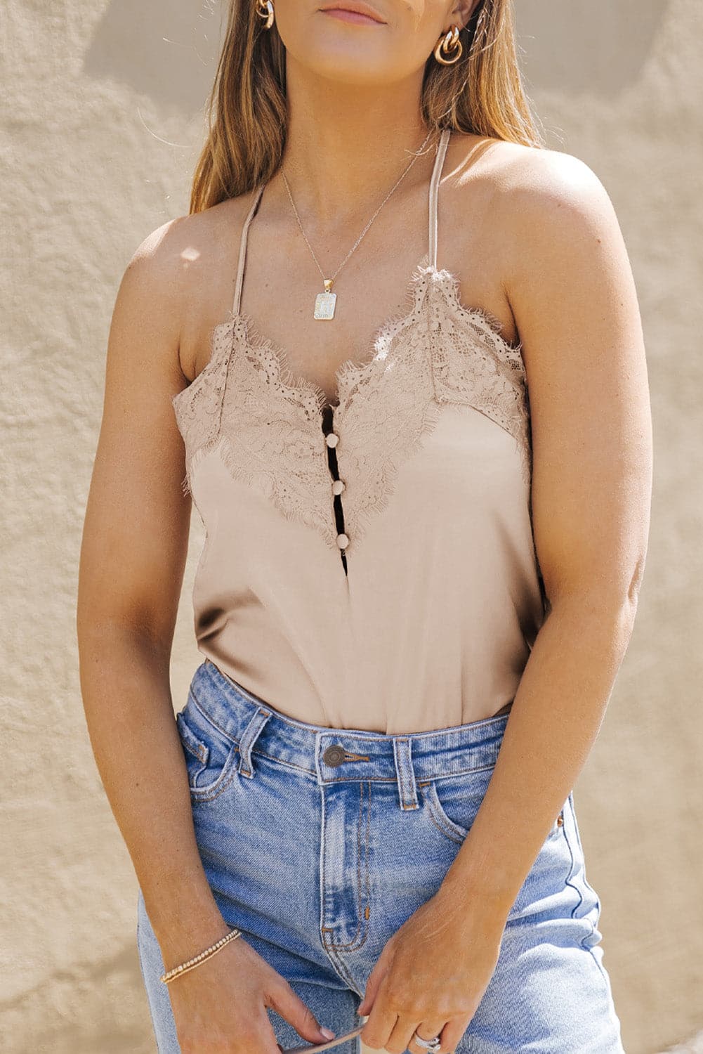 Lace Trim Buttoned Spaghetti Strap Bodysuit.