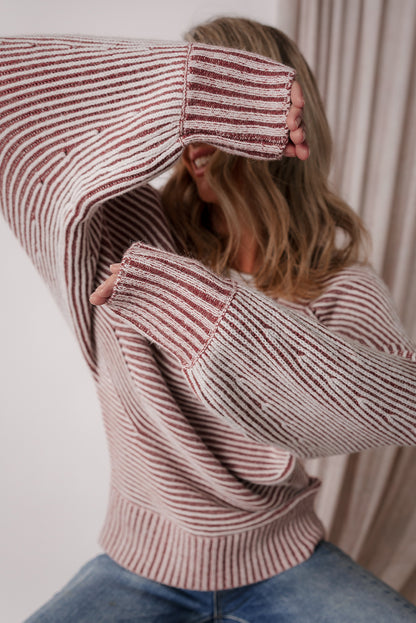 Premium Red Dahlia Striped Print Knit Boat Neck Baggy Sweater