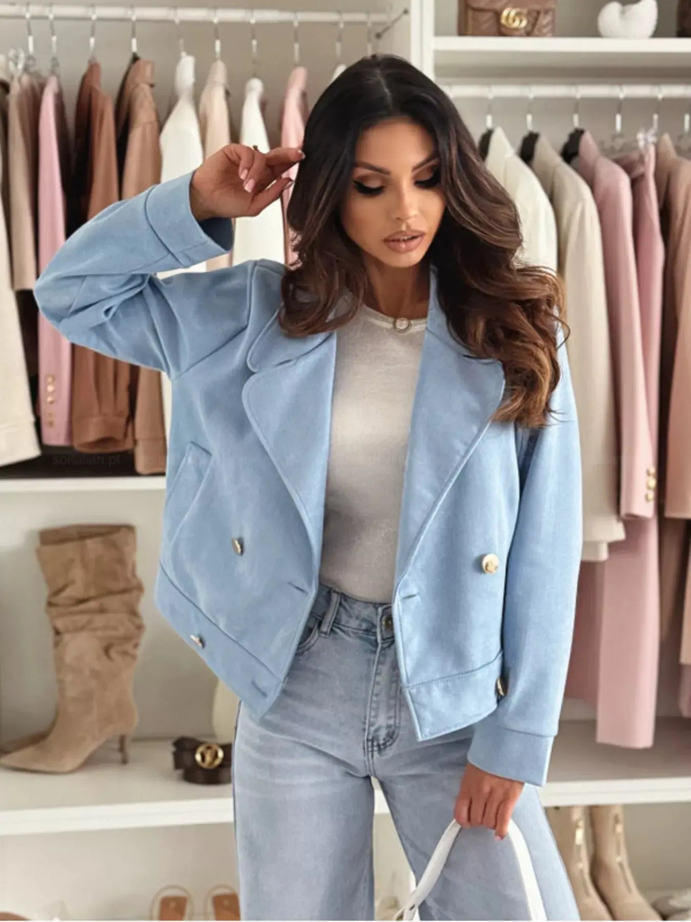 Beige Polyester Double Breasted Lapel Collar Jacket With Pockets Simply Love