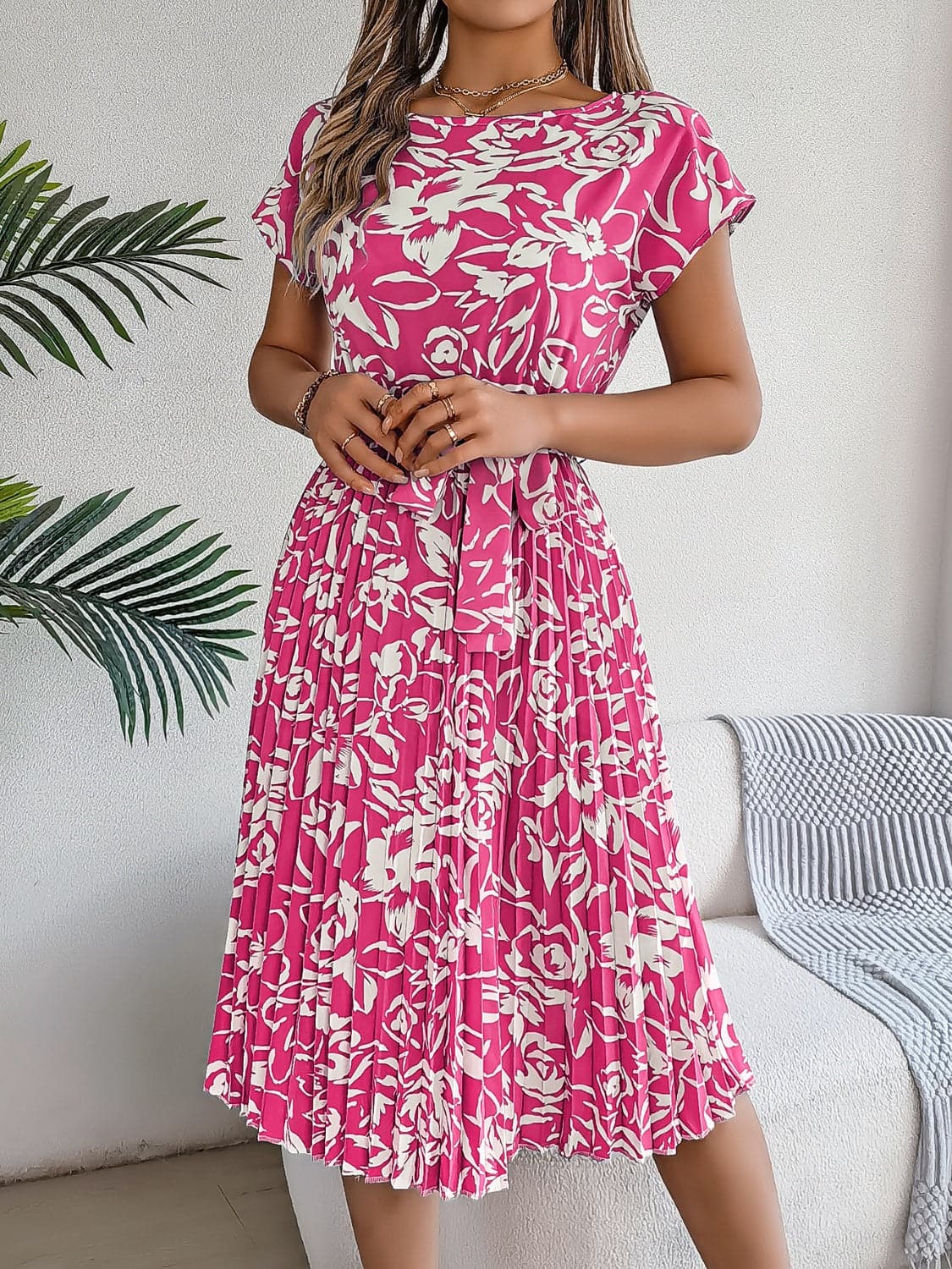 Tied Pleated Printed Short Sleeve Dress.