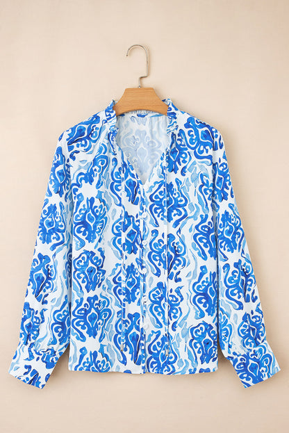 Premium Sky Blue Ethnic Printed Tie Neck Button Puff Sleeve Shirt